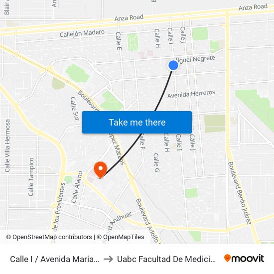 Calle I / Avenida Mariano Arista to Uabc Facultad De Medicina Mexicali map