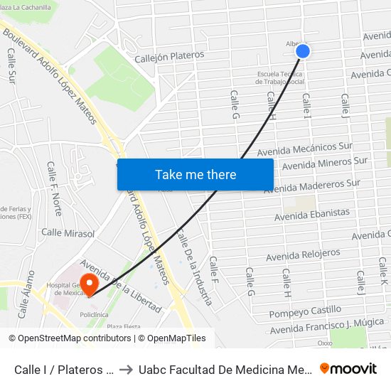 Calle I / Plateros Sur to Uabc Facultad De Medicina Mexicali map