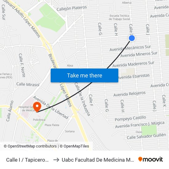 Calle I / Tapiceros Sur to Uabc Facultad De Medicina Mexicali map