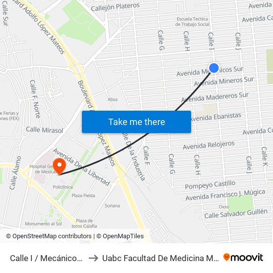 Calle I / Mecánicos Sur to Uabc Facultad De Medicina Mexicali map