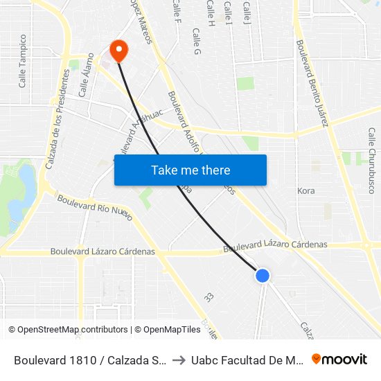 Boulevard 1810 / Calzada San Miguel El Grande to Uabc Facultad De Medicina Mexicali map
