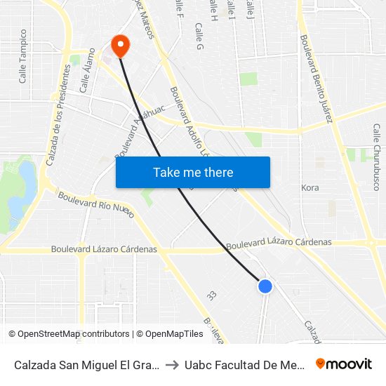 Calzada San Miguel El Grande / Valladolid to Uabc Facultad De Medicina Mexicali map