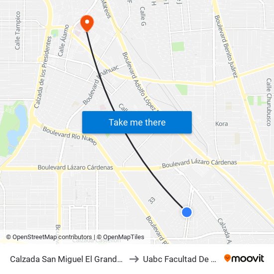 Calzada San Miguel El Grande / Avenida Niños Héroes to Uabc Facultad De Medicina Mexicali map