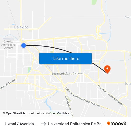 Uxmal / Avenida Durango to Universidad Politecnica De Baja California map