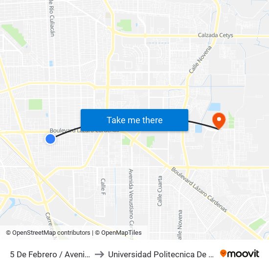 5 De Febrero / Avenida Torreón to Universidad Politecnica De Baja California map