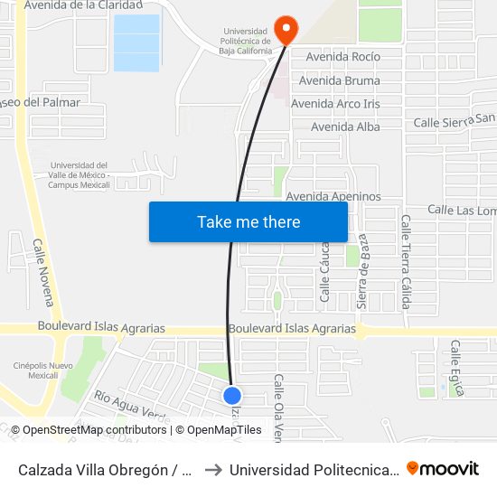 Calzada Villa Obregón / Avenida Río Gambia to Universidad Politecnica De Baja California map