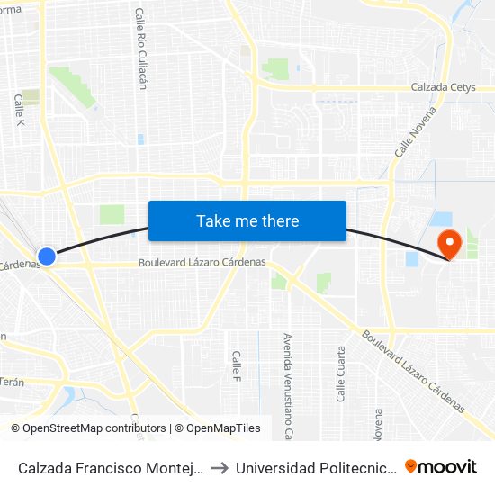 Calzada Francisco Montejano / Avenida Victoria to Universidad Politecnica De Baja California map