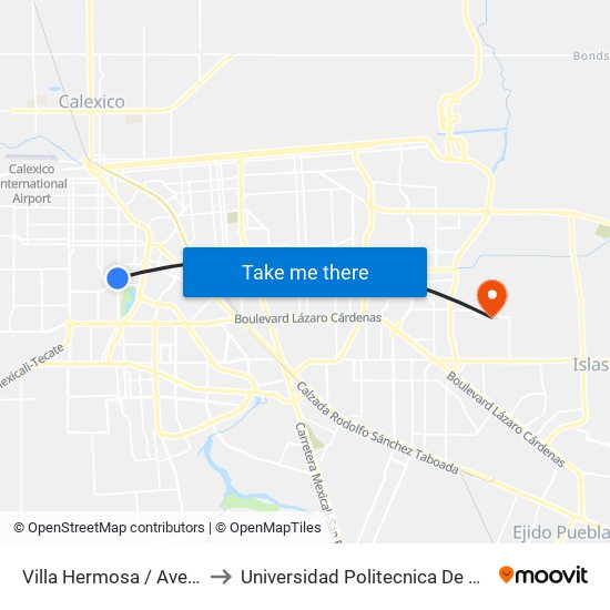 Villa Hermosa / Avenida Ixtlán to Universidad Politecnica De Baja California map