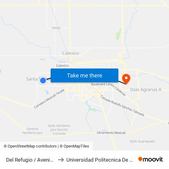 Del Refugio / Avenida Saturno to Universidad Politecnica De Baja California map