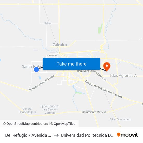 Del Refugio / Avenida Santa Dolores to Universidad Politecnica De Baja California map