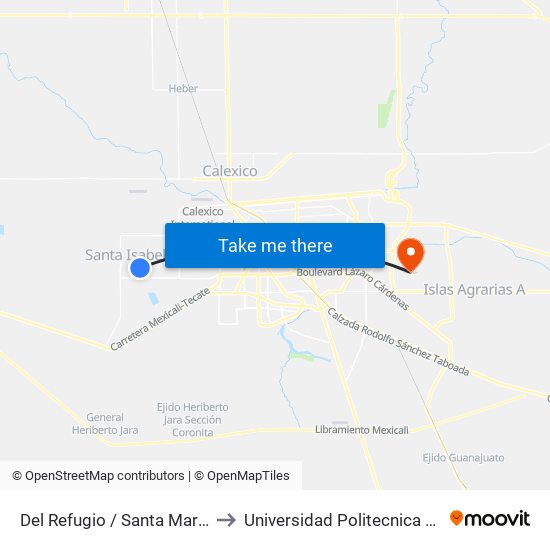 Del Refugio / Santa María De Guadalupe to Universidad Politecnica De Baja California map