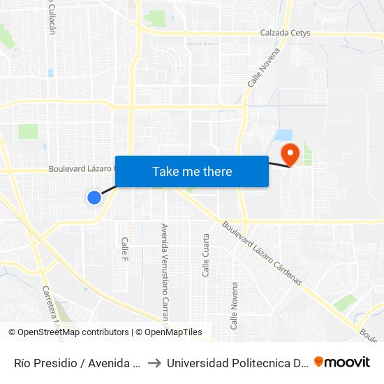 Río Presidio / Avenida Constituyentes to Universidad Politecnica De Baja California map