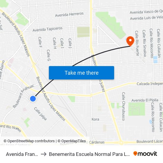 Avenida Francisco Sarabia / Cañitas to Benemerita Escuela Normal Para Lic. En Educacion Preescolar Educadora Rosaura Zapata map