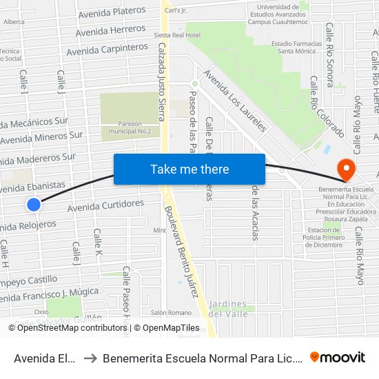 Avenida Electricistas / Calle I to Benemerita Escuela Normal Para Lic. En Educacion Preescolar Educadora Rosaura Zapata map