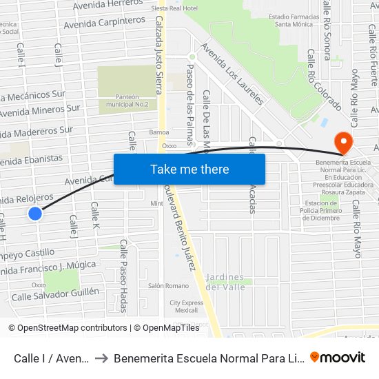 Calle I / Avenida José Sánchez Islas to Benemerita Escuela Normal Para Lic. En Educacion Preescolar Educadora Rosaura Zapata map