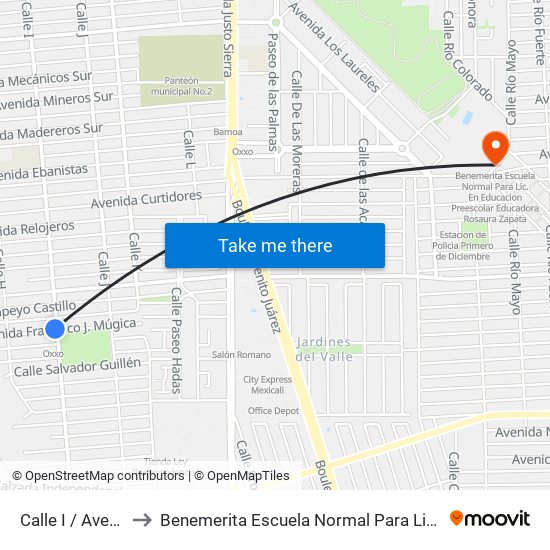 Calle I / Avenida Francisco Mujica to Benemerita Escuela Normal Para Lic. En Educacion Preescolar Educadora Rosaura Zapata map