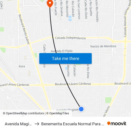 Avenida Magisterio / 16 De Septiembre to Benemerita Escuela Normal Para Lic. En Educacion Preescolar Educadora Rosaura Zapata map