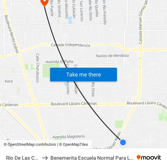 Río De Las Cañas / Avenida Del Ejido to Benemerita Escuela Normal Para Lic. En Educacion Preescolar Educadora Rosaura Zapata map