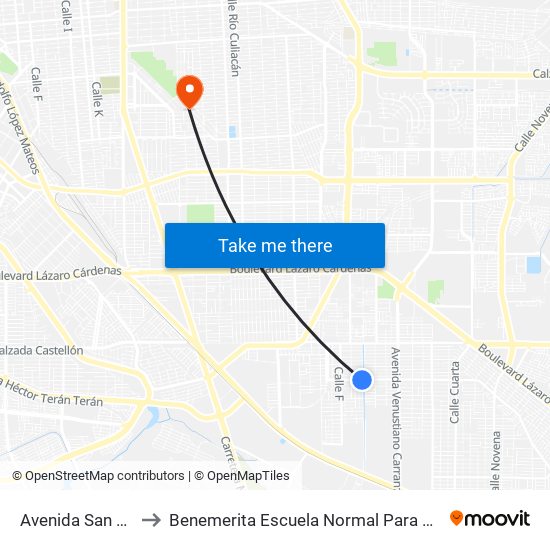 Avenida San Pedro Mezquital / Calle J to Benemerita Escuela Normal Para Lic. En Educacion Preescolar Educadora Rosaura Zapata map