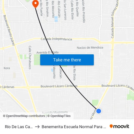 Río De Las Cañas / Avenida Magisterio to Benemerita Escuela Normal Para Lic. En Educacion Preescolar Educadora Rosaura Zapata map