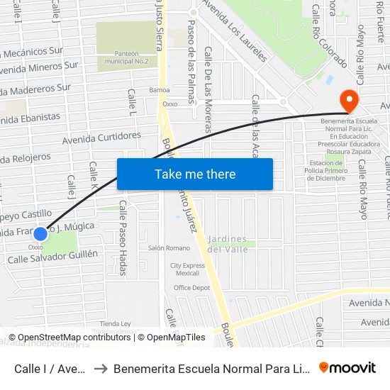 Calle I / Avenida Francisco Mujica to Benemerita Escuela Normal Para Lic. En Educacion Preescolar Educadora Rosaura Zapata map