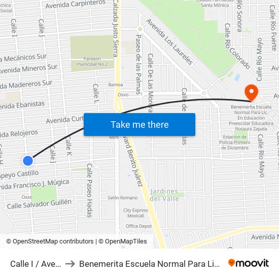 Calle I / Avenida Gustavo Sotelo to Benemerita Escuela Normal Para Lic. En Educacion Preescolar Educadora Rosaura Zapata map