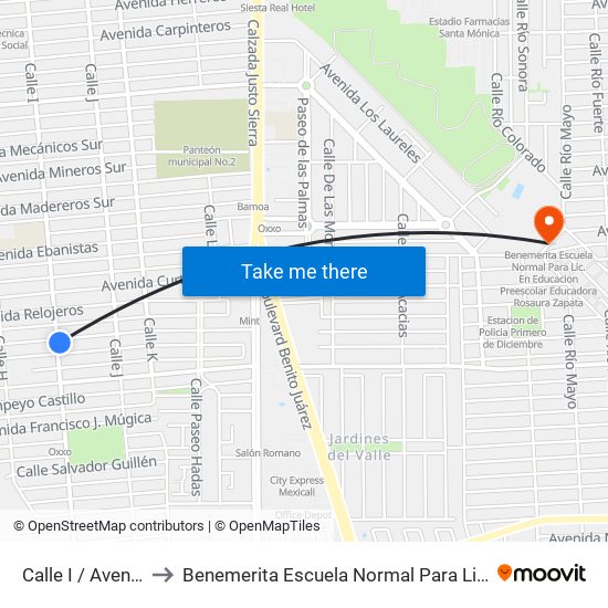 Calle I / Avenida José Sánchez Islas to Benemerita Escuela Normal Para Lic. En Educacion Preescolar Educadora Rosaura Zapata map