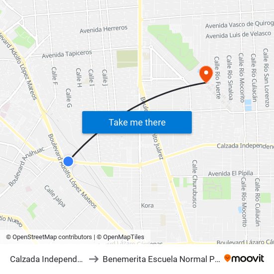 Calzada Independencia / Boulevard Adolfo López Mateos to Benemerita Escuela Normal Para Lic. En Educacion Preescolar Educadora Rosaura Zapata map