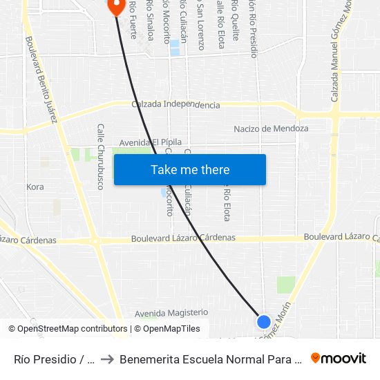 Río Presidio / Avenida Ejército Nacional to Benemerita Escuela Normal Para Lic. En Educacion Preescolar Educadora Rosaura Zapata map