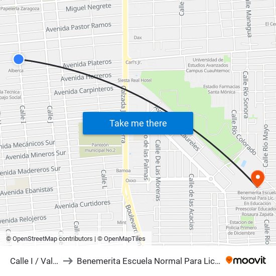 Calle I / Valentín Gómez Farías to Benemerita Escuela Normal Para Lic. En Educacion Preescolar Educadora Rosaura Zapata map