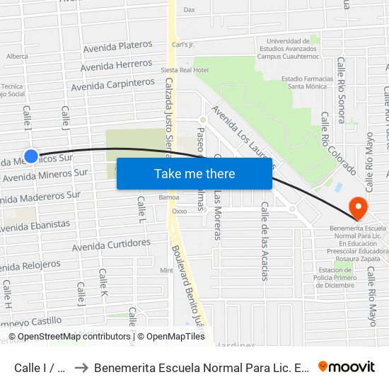 Calle I / Mecánicos Sur to Benemerita Escuela Normal Para Lic. En Educacion Preescolar Educadora Rosaura Zapata map