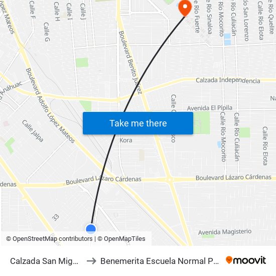 Calzada San Miguel El Grande / Avenida Niños Héroes to Benemerita Escuela Normal Para Lic. En Educacion Preescolar Educadora Rosaura Zapata map