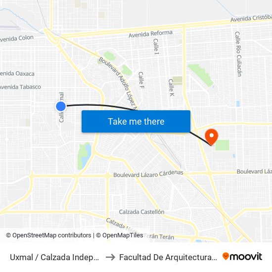 Uxmal / Calzada Independencia to Facultad De Arquitectura Y Diseño map
