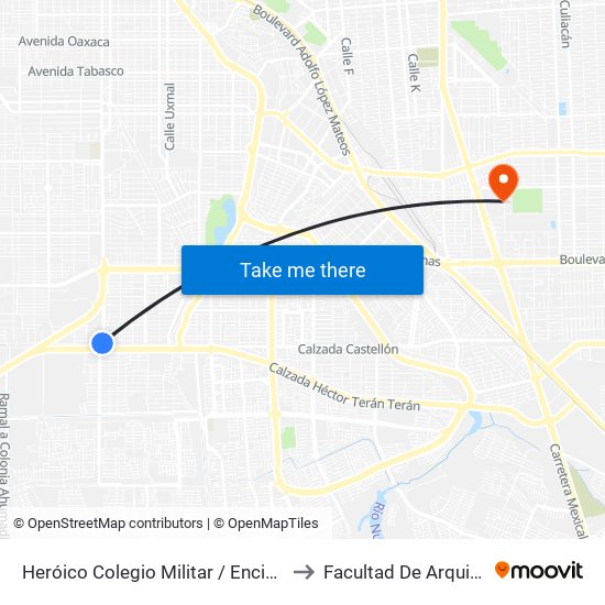 Heróico Colegio Militar / Encinas Oeste O Encinas Este to Facultad De Arquitectura Y Diseño map