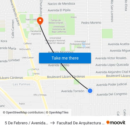 5 De Febrero / Avenida Torreón to Facultad De Arquitectura Y Diseño map