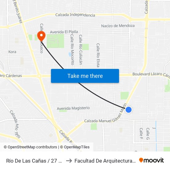 Río De Las Cañas / 27 De Enero to Facultad De Arquitectura Y Diseño map