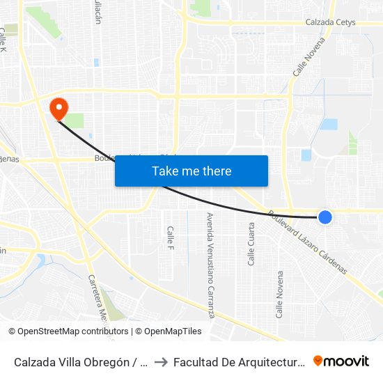 Calzada Villa Obregón / Río Congo to Facultad De Arquitectura Y Diseño map