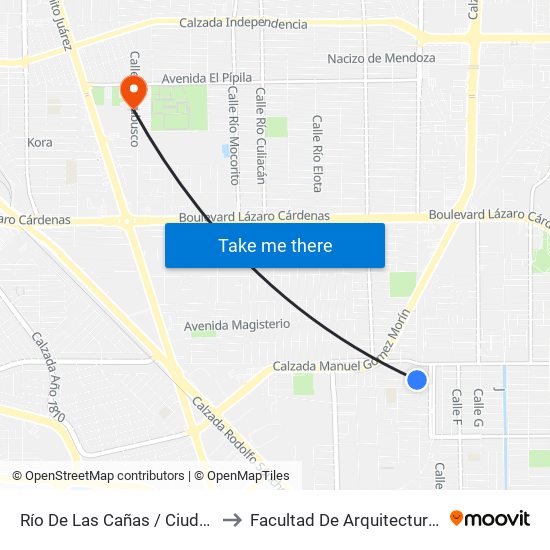 Río De Las Cañas / Ciudad Madero to Facultad De Arquitectura Y Diseño map