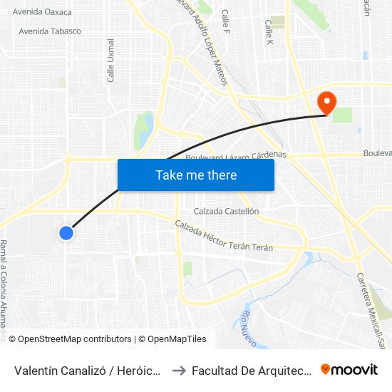 Valentín Canalizó / Heróico Colegio Militar to Facultad De Arquitectura Y Diseño map