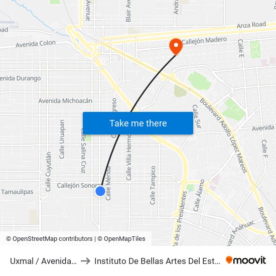 Uxmal / Avenida Tamaulipas to Instituto De Bellas Artes Del Estado De Baja California map