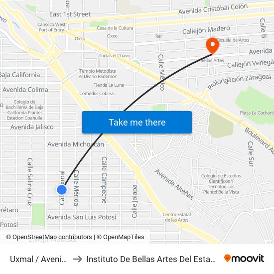 Uxmal / Avenida Puebla to Instituto De Bellas Artes Del Estado De Baja California map