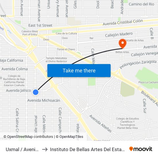 Uxmal / Avenida Jalisco to Instituto De Bellas Artes Del Estado De Baja California map