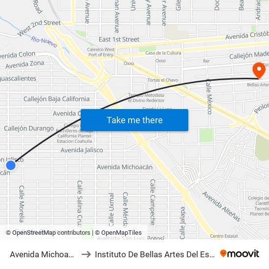 Avenida Michoacán / Cuyutlán to Instituto De Bellas Artes Del Estado De Baja California map