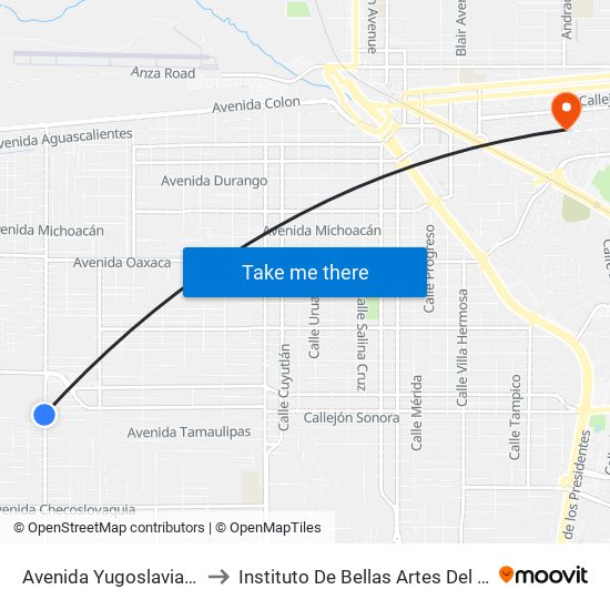 Avenida Yugoslavia / Reforma Agraria to Instituto De Bellas Artes Del Estado De Baja California map