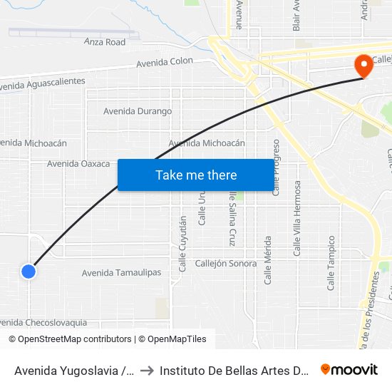 Avenida Yugoslavia / Avenida Patriotismo to Instituto De Bellas Artes Del Estado De Baja California map