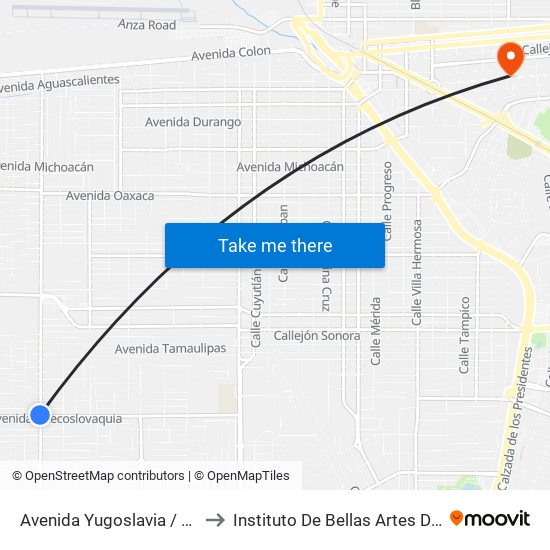 Avenida Yugoslavia / Avenida Checoslovaquia to Instituto De Bellas Artes Del Estado De Baja California map