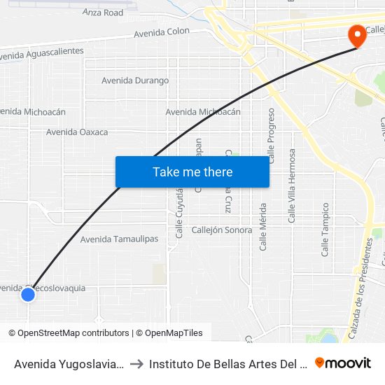Avenida Yugoslavia / Avenida España to Instituto De Bellas Artes Del Estado De Baja California map