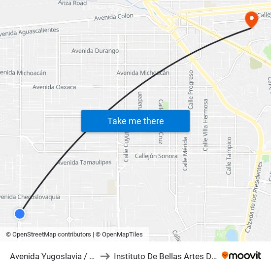 Avenida Yugoslavia / Avenida Jordania Norte to Instituto De Bellas Artes Del Estado De Baja California map