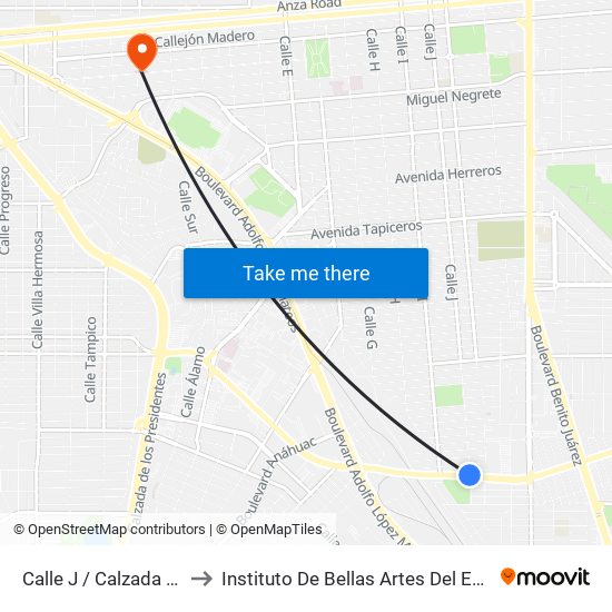 Calle J / Calzada Independencia to Instituto De Bellas Artes Del Estado De Baja California map