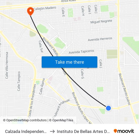 Calzada Independencia / Naripeo Cardone to Instituto De Bellas Artes Del Estado De Baja California map
